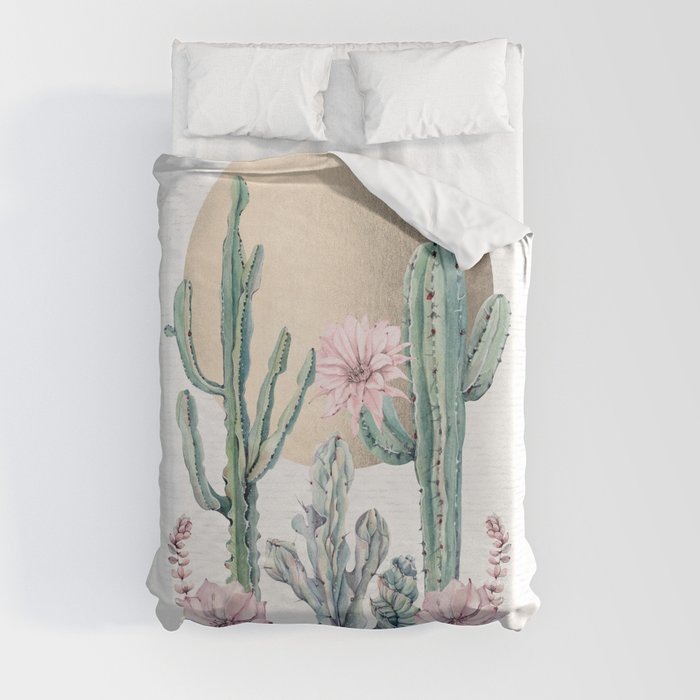 Desert Sun Cactus + Succulents Gold on White Duvet Cover