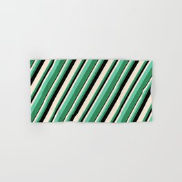 [ Thumbnail: Beige, Aquamarine, Sea Green, and Black Colored Lined/Striped Pattern Hand & Bath Towel ]