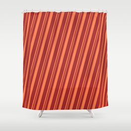 [ Thumbnail: Brown and Coral Colored Pattern of Stripes Shower Curtain ]