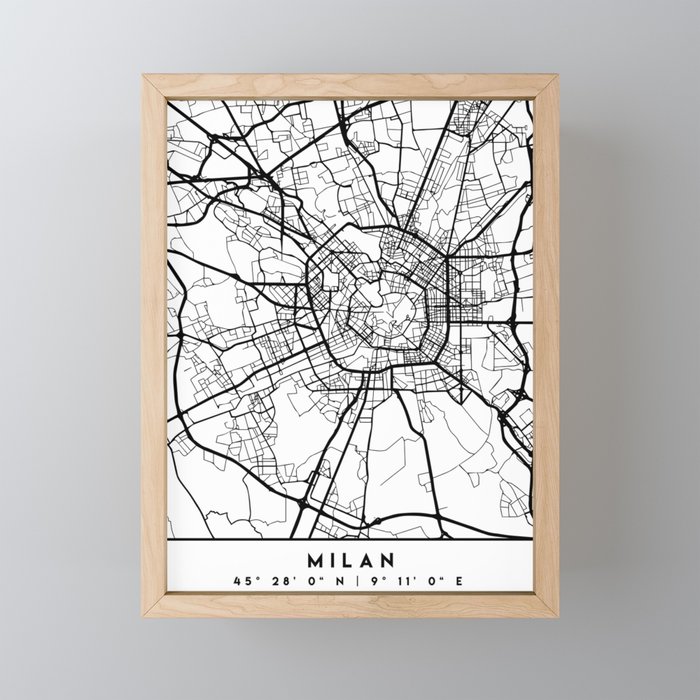 MILAN ITALY BLACK CITY STREET MAP ART Framed Mini Art Print