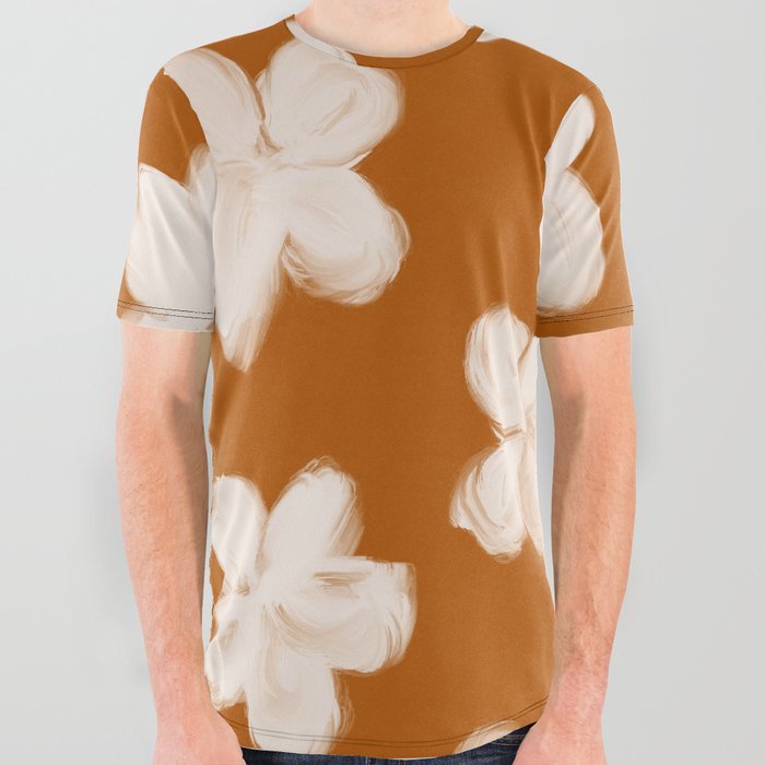 Retro 60s 70s Flowers over Neutral Earthy Brown All Over Graphic Tee