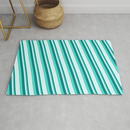 [ Thumbnail: Teal, Turquoise, and Light Cyan Colored Stripes Pattern Rug ]