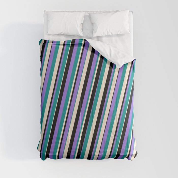 Purple, Dark Cyan, Beige & Black Colored Striped Pattern Comforter