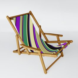 [ Thumbnail: Colorful Sea Green, Pale Goldenrod, Dark Khaki, Black & Dark Violet Colored Lined Pattern Sling Chair ]
