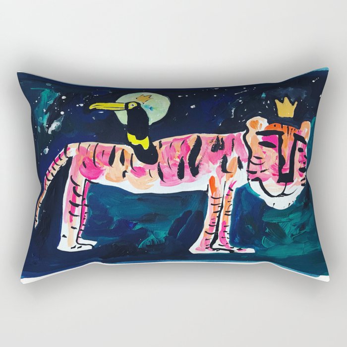 Toucan and Tiger in the Night Sky Painting Rectangular Pillow