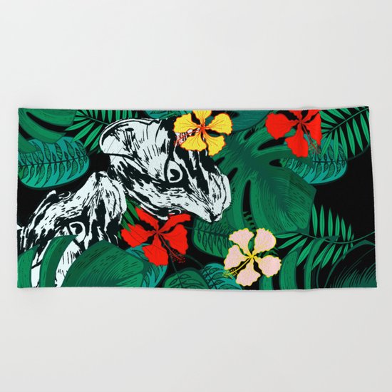 Tropical floral jungle. Exotic forest. Leopard with flowers. Beach Towel