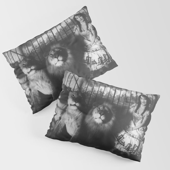 Adjie and the lions; Victorian woman in a cage with lions black and white photograph - photography - photographs Pillow Sham