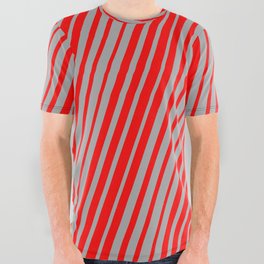 [ Thumbnail: Dark Grey & Red Colored Lines/Stripes Pattern All Over Graphic Tee ]