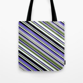 [ Thumbnail: Slate Blue, Grey, Dark Olive Green, Mint Cream, and Black Colored Stripes Pattern Tote Bag ]