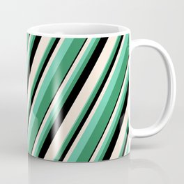 [ Thumbnail: Beige, Aquamarine, Sea Green, and Black Colored Lined/Striped Pattern Coffee Mug ]