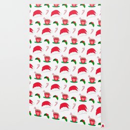 Festive Christmas Seamless Pattern with Hot Chocolate Mug, Sweet Candy, Santa Hat Wallpaper