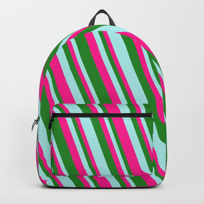 Turquoise, Deep Pink, and Forest Green Colored Pattern of Stripes Backpack