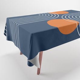Mid Century Modern Geometric 83 in Navy Blue and Orange (Rainbow and Sun Abstraction) Tablecloth