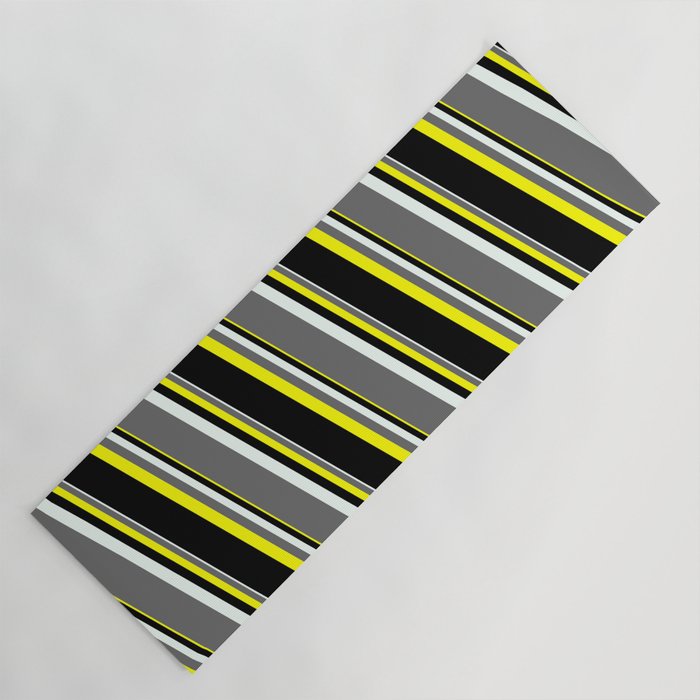Mint Cream, Dim Gray, Yellow, and Black Colored Stripes Pattern Yoga Mat