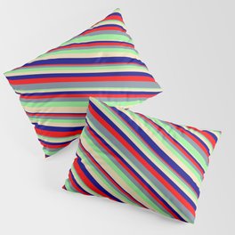 [ Thumbnail: Tan, Blue, Red, Light Slate Gray, and Light Green Colored Stripes/Lines Pattern Pillow Sham ]