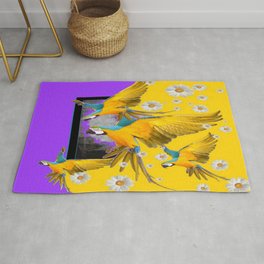 SURREAL BLUE PARROTS IN YELLOW-PRPLE DAISY WEATHER Rug
