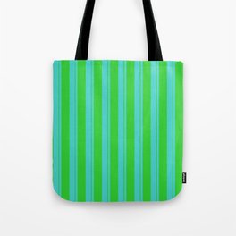 [ Thumbnail: Turquoise and Lime Green Colored Pattern of Stripes Tote Bag ]
