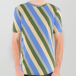 [ Thumbnail: Dark Olive Green, Beige, Cornflower Blue & Grey Colored Lines Pattern All Over Graphic Tee ]