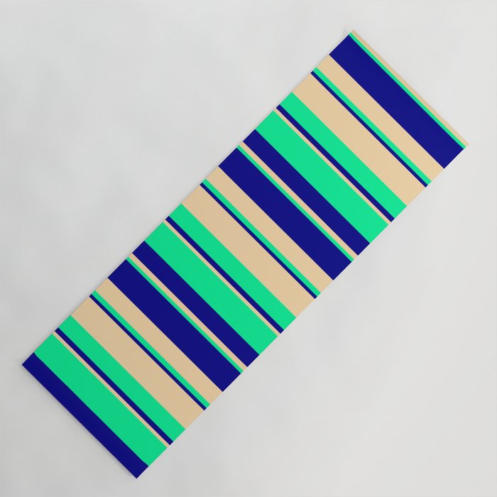 Tan, Dark Blue & Green Colored Stripes/Lines Pattern Yoga Mat