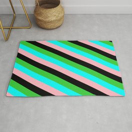 [ Thumbnail: Lime Green, Cyan, Light Pink & Black Colored Striped Pattern Rug ]