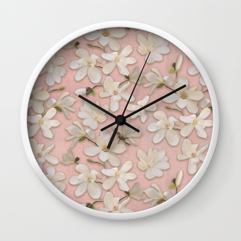 Pink Magnolia Flowers Wall Clock 