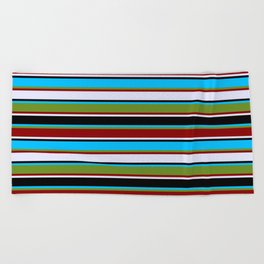 [ Thumbnail: Eyecatching Deep Sky Blue, Green, Dark Red, Lavender, and Black Colored Lines/Stripes Pattern Beach Towel ]