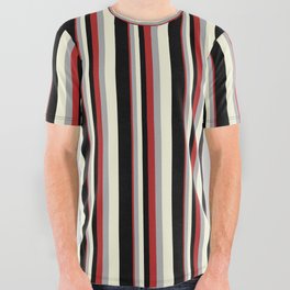 [ Thumbnail: Red, Dark Gray, Beige & Black Colored Lines/Stripes Pattern All Over Graphic Tee ]