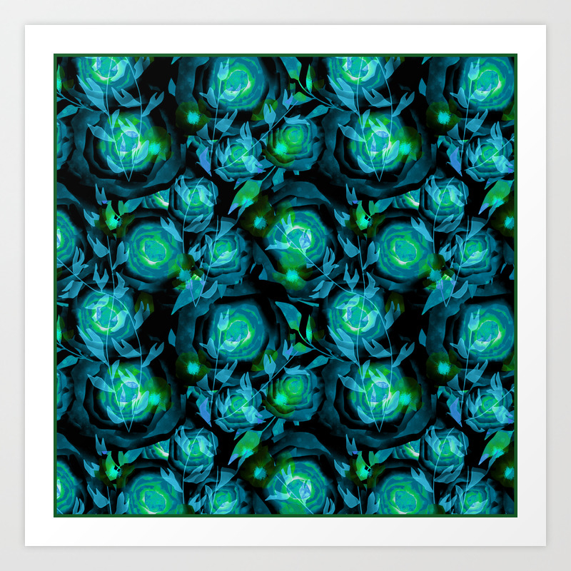 Floral Pattern Blue Flowers On A Black Background Art Print By Fuzzyfox Society6