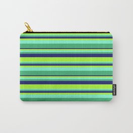[ Thumbnail: Aquamarine, Sea Green, Midnight Blue & Light Green Colored Stripes Pattern Carry-All Pouch ]
