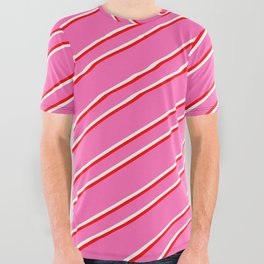 [ Thumbnail: Hot Pink, Mint Cream & Red Colored Lines/Stripes Pattern All Over Graphic Tee ]