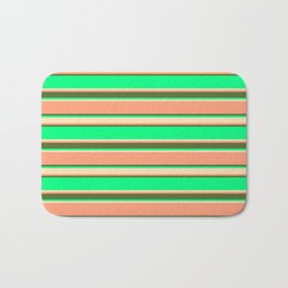 [ Thumbnail: Green, Beige, Light Salmon & Dark Olive Green Colored Stripes Pattern Bath Mat ]