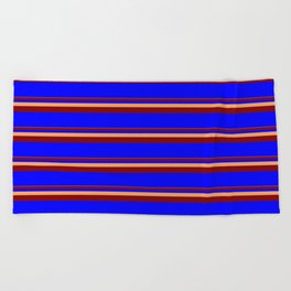 [ Thumbnail: Brown, Maroon, and Blue Colored Lined Pattern Beach Towel ]