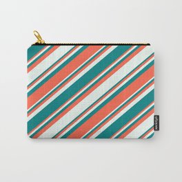 [ Thumbnail: Red, Mint Cream & Teal Colored Lines Pattern Carry-All Pouch ]
