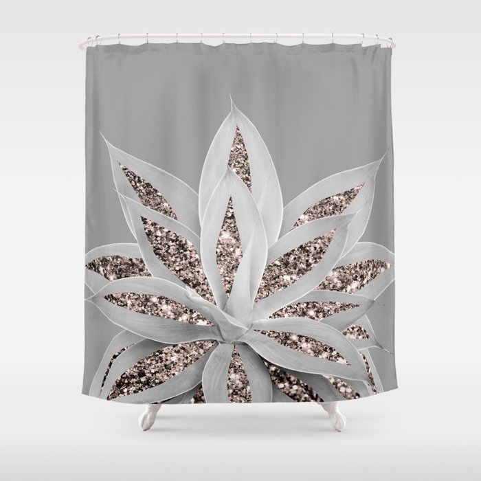 Gray Agave With Rose Gold Glitter 1 Shiny Tropical Decor Art