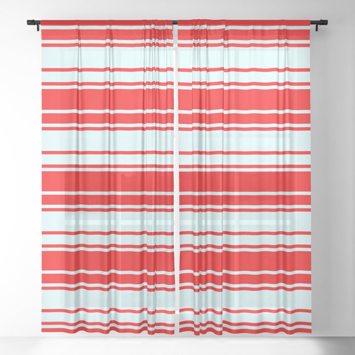 Light Cyan & Red Colored Pattern of Stripes Sheer Curtain