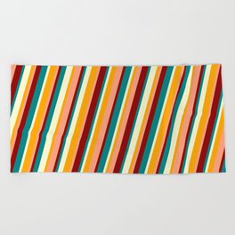[ Thumbnail: Colorful Orange, Light Salmon, Dark Red, Teal & Light Yellow Colored Lines Pattern Beach Towel ]
