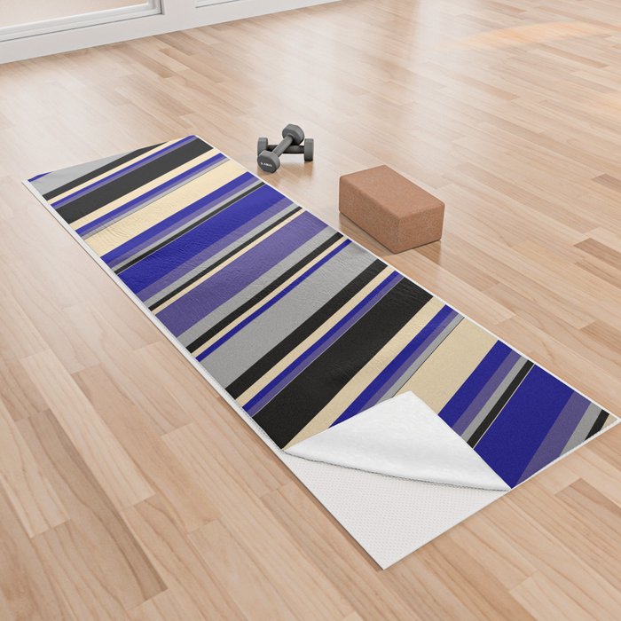 Dark Gray, Dark Slate Blue, Dark Blue, Tan, and Black Colored Striped Pattern Yoga Towel
