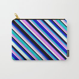 [ Thumbnail: Eyecatching Blue, Dark Turquoise, Violet, Mint Cream, and Black Colored Stripes Pattern Carry-All Pouch ]