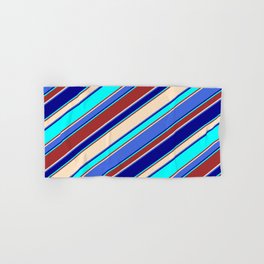 [ Thumbnail: Eye-catching Brown, Bisque, Royal Blue, Dark Blue & Cyan Colored Lined/Striped Pattern Hand & Bath Towel ]