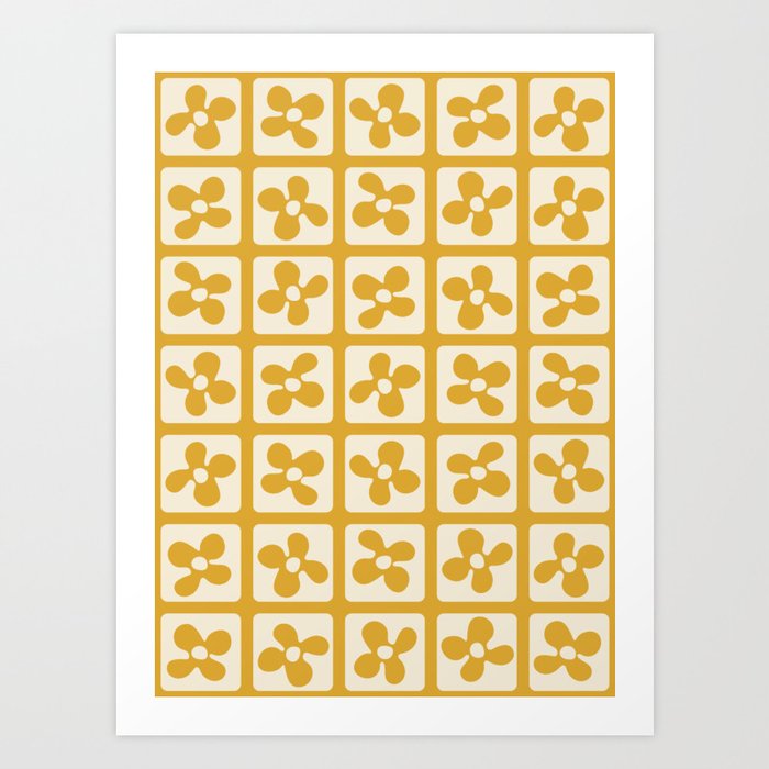 Retro Flowers Pattern - Yellow Art Print