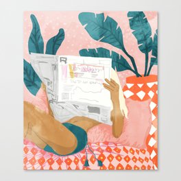 Modern Bohemian Morning Newspaper | Tropical Banana Leaves Palm Watercolor | Boho Woman & Decor Canvas Print