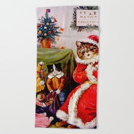 'A Merry Christmas' Vintage Cat Art by Louis Wain Beach Towel