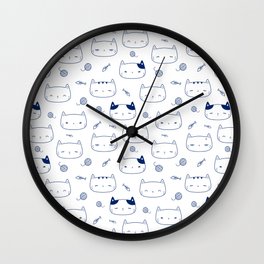 Blue Doodle Kitten Faces Pattern Wall Clock