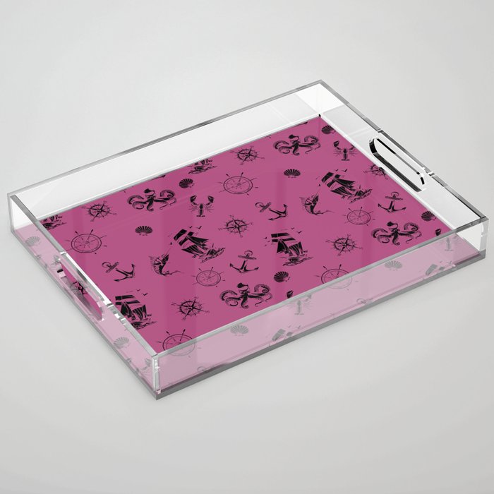 Magenta And Black Silhouettes Of Vintage Nautical Pattern Acrylic Tray