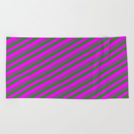 [ Thumbnail: Forest Green and Fuchsia Colored Lined/Striped Pattern Beach Towel ]