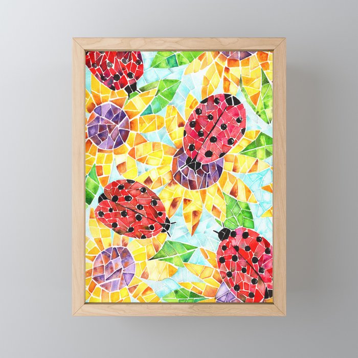 Ladybugs and Sunflowers Mosaic Watercolor Framed Mini Art Print