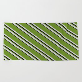 [ Thumbnail: Green, Light Grey, and Black Colored Pattern of Stripes Beach Towel ]