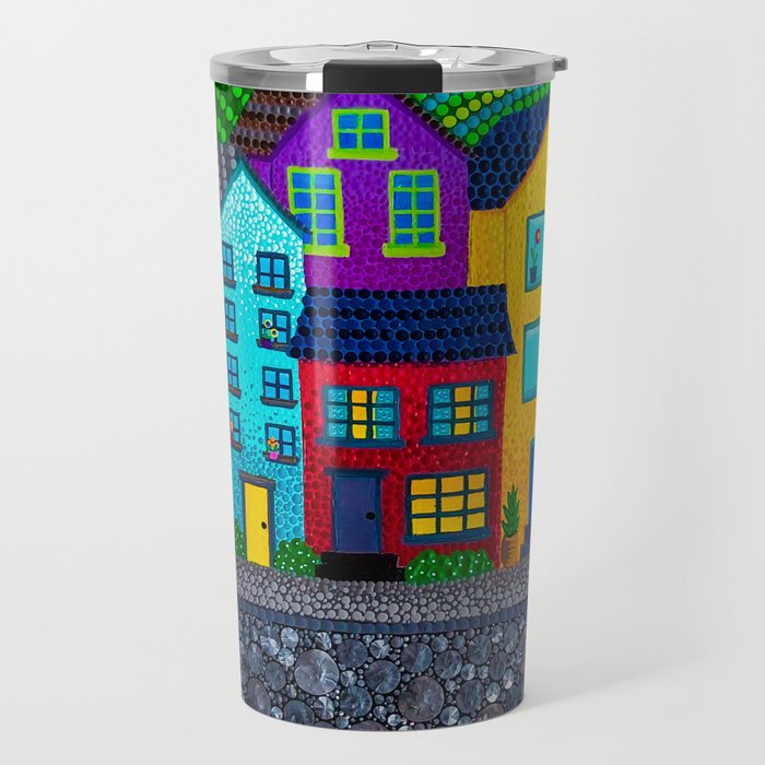 Dot Painting Colorful Village Houses, Hills, and Garden Travel Mug