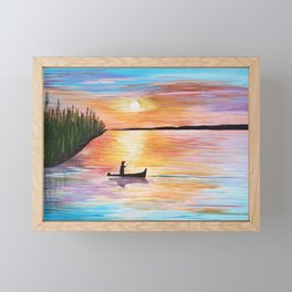 Acrylic Sunset on Lake with Fisherman Framed Mini Art Print