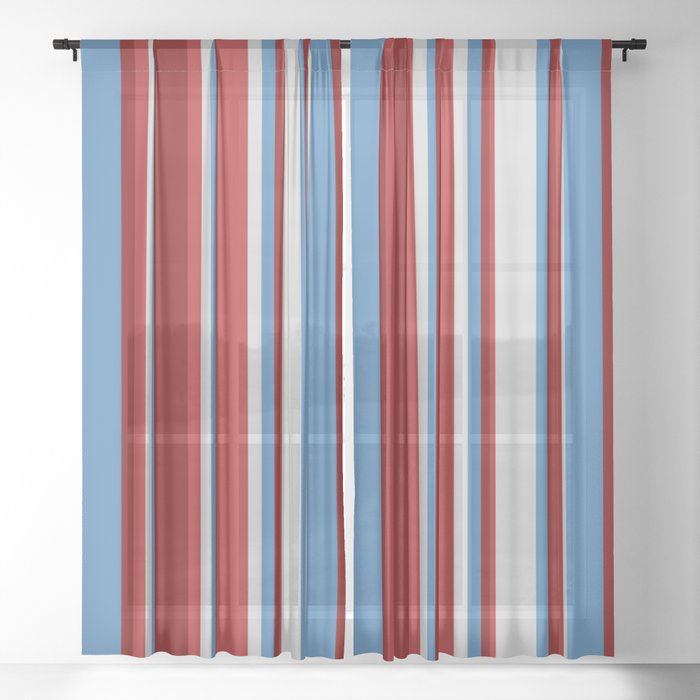 Blue, Light Gray, Red, and Maroon Colored Pattern of Stripes Sheer Curtain